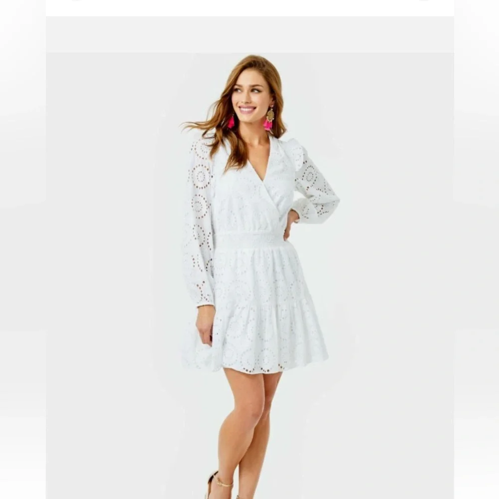 Lilly Pulitzer White Eyelet Long Sleeve Smocked Waist Taviana Dress SIZE 16 - Picture 2 of 11